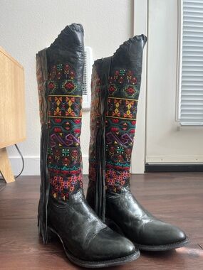 Johnny Ringo Sagrada Collection Black Multicolor Embroidered Boot with Fringe